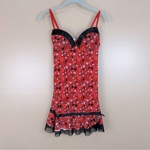 Inteco Intimates Red Pink Black Heart Love Print Babydoll Nightie Chemise Medium